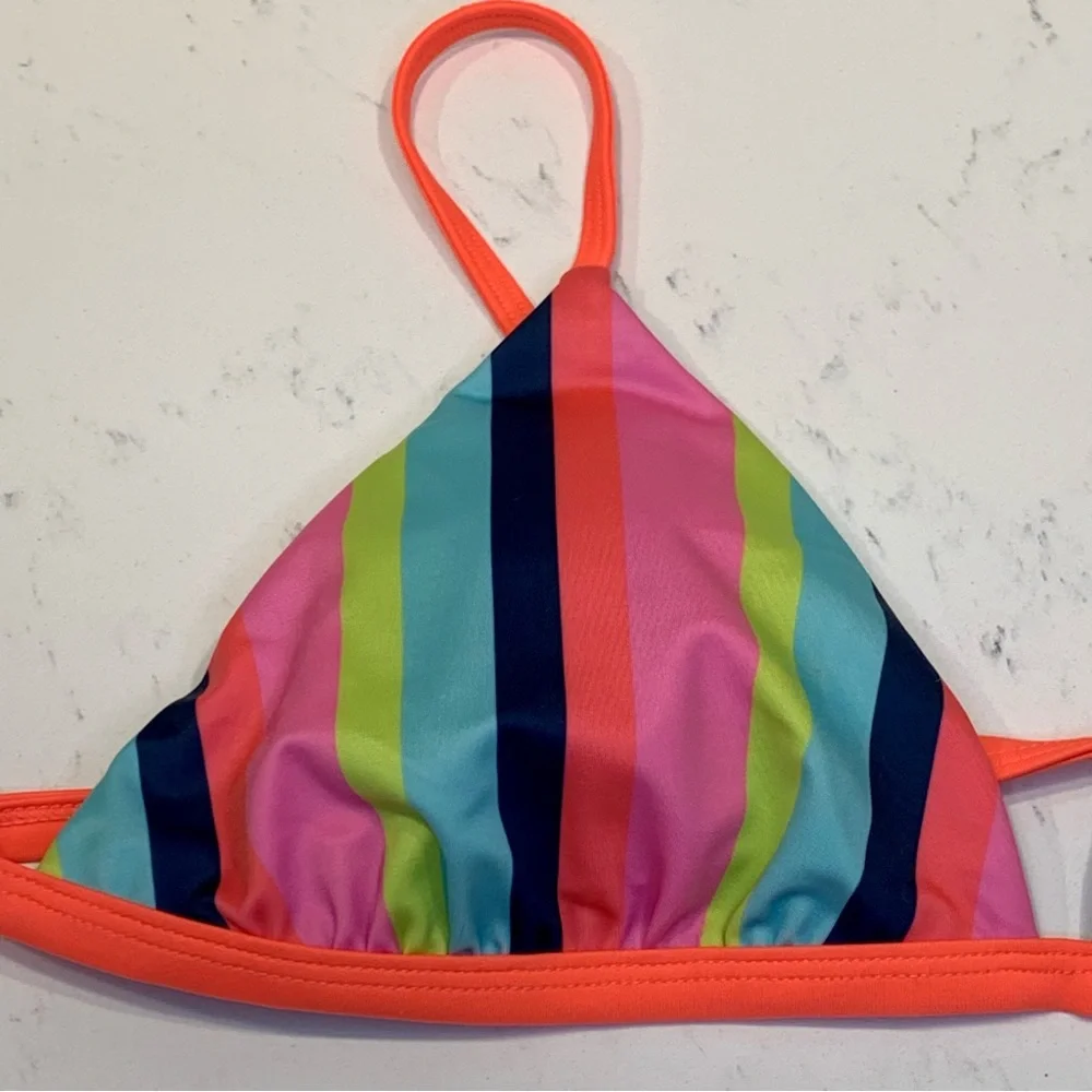 LEITH Bikini Top Pink Blue Striped Swim Large Bright Colorful